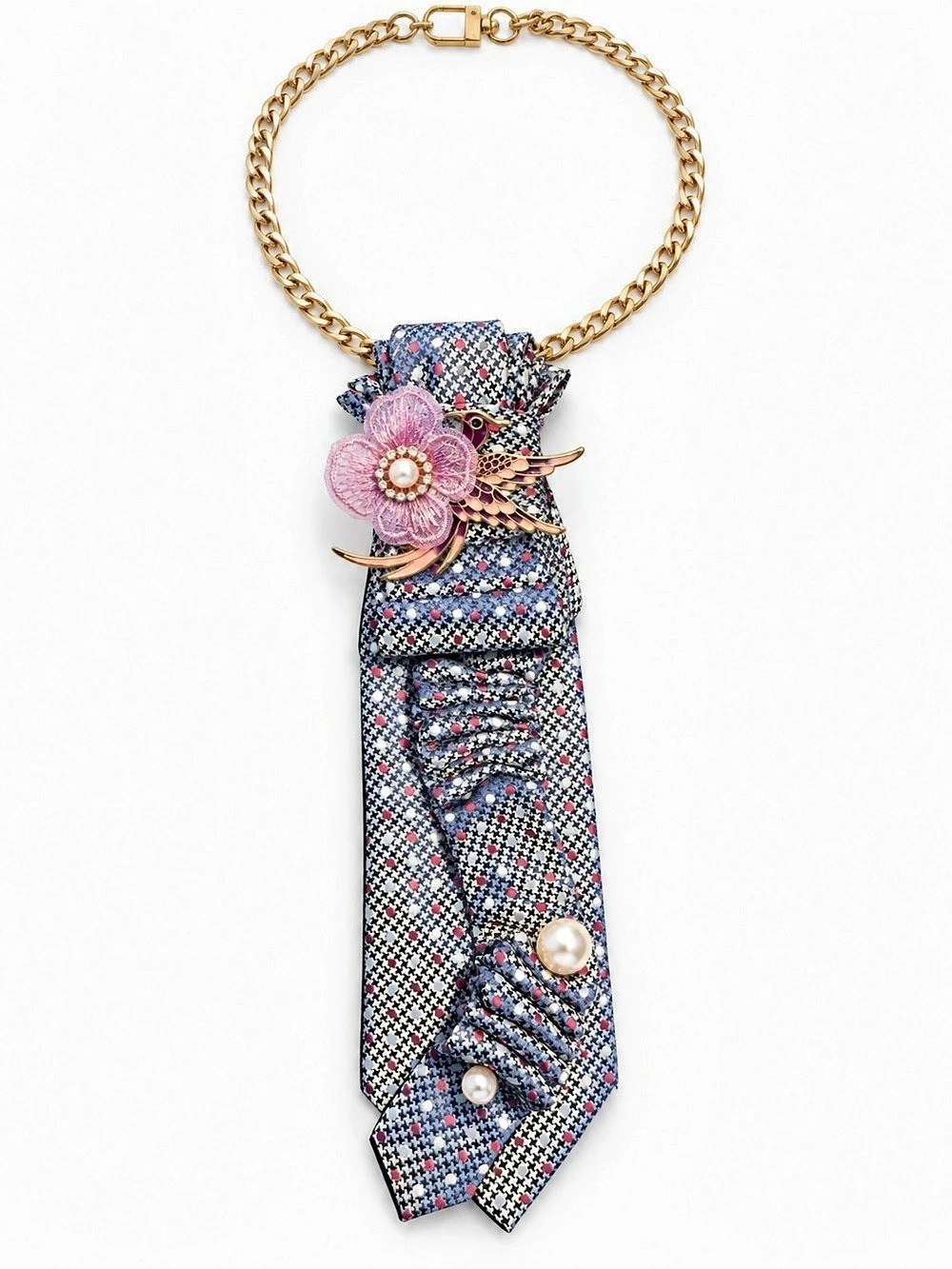 Handmade Houndstooth Necktie Necklace with Pink Flower Brooch